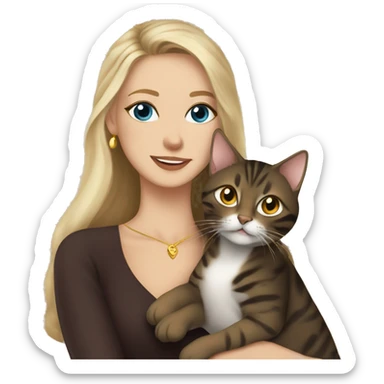 Beautiful skinny woman long dark brown hair in dark dress with gold earrings and blond man with blue eyes hug bengal cat sticker