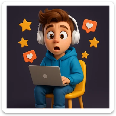 Create a detailed Generation Z character in a cartoonish 3D style with a surprised expression, wearing a blue hoodie, sitting on a yellow chair, holding a laptop and surrounded by floating icons of stars, likes and hearts.
The character should have stylised brown hair, large expressive eyes, white on-ear headphones and a soft, expressive Pixar-style look.
Depict the character in full, centred in the frame, with even studio lighting, soft shadows and a clean dark purple background for contrast. sticker