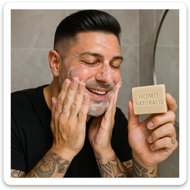 Create a realistic image of a man washing his face with a soap called 'Homo Naturalis'. The man's face and appearance should closely resemble the person in the reference photo. Show the soap with the name clearly visible. The tone should be natural and positive. sticker