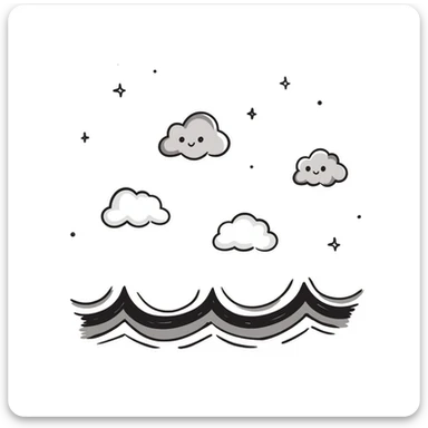 hand-drawn decorative elements including clouds, stars, ocean waves in a whimsical and airy children's book illustration style, clean and minimal, pastel tones, pencil or ink sketch look sticker