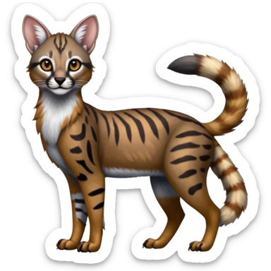 Realistic patterned marked edgy greyish blackish whitish silvery coppery Shiny Colorful Glossy Genet-Caracal-Lion-Bobcat-fusion-animal-hybrid-creature, full body, tufted ears, long thin tufted tail sticker