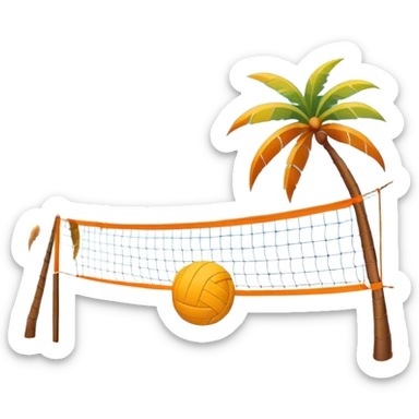 A volleyball resting on the orange sand of a beach, with a volleyball net in the background. The scene captures a sunny beach atmosphere with clear blue sea and sky, palm trees swaying, and people in swimsuits enjoying the vibrant surroundings sticker