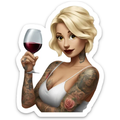 Blonde elegant women, her body covered with tattoos, wine in her one hand, pointing on you with her other hand , Hyper realistic sticker