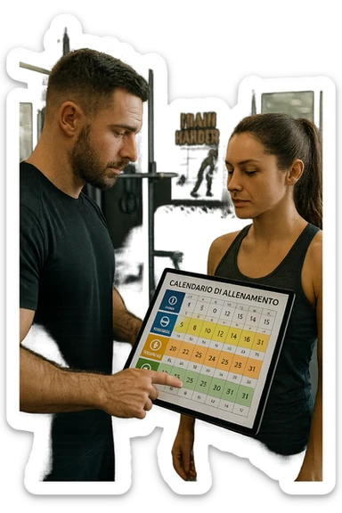 realistic cinematic photo a personal trainer and a client stand in a modern gym, reviewing a large, color-coded training calendar or chart on a tablet. The calendar shows different phases (strength, hypertrophy, endurance, recovery) with icons and dates. Around them, gym equipment and motivational posters reinforce the idea of structured, periodized training. in italiano sticker