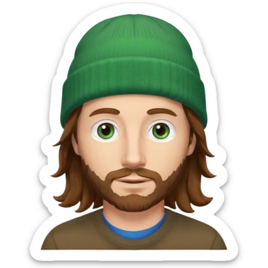 white man
aged 40
Blue eyes, 
mid length brown wavy hair
Green beanie hat sticker