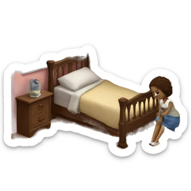 A broken-down dollhouse with a doll sitting inside,  sticker