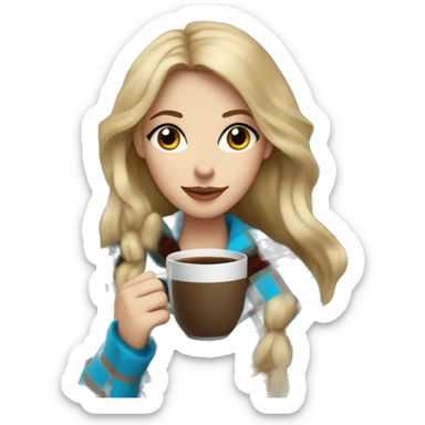 Dark blonde hair woman with blue eyes wrapped in plaid blanket drinking coffee sticker