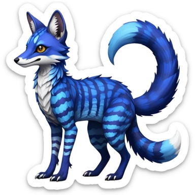 Feral Rare Fantasy scaled scaly evil spooky vibrant dark shady shaded detailed deep-dark-cobalt-blue-gradients-colored colorful Vernid-Sergal-Genet-Trico-Fox-species by LiLaiRa, with dark-blackish points, white belly, random markings, tufted tail, tufted ears, full body sticker