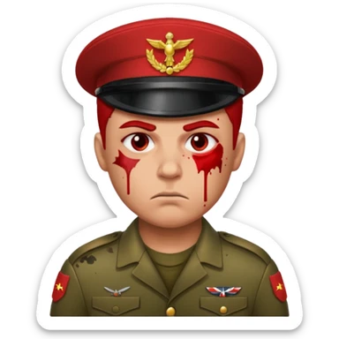 soldier with red skin tone, scowling, blood splatter on left cheek sticker