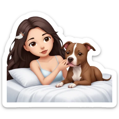 A pretty girl with long dark hair feathers  cascading down her face sits on the bed with her brown pit bull  laying beside of her heart is flying all around sticker