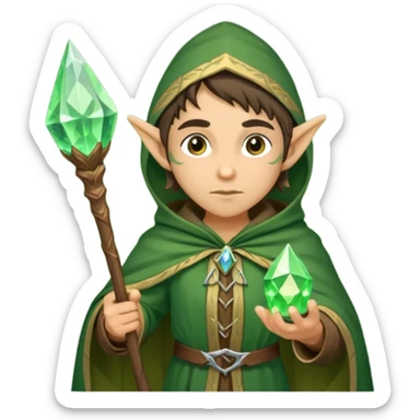 {
      "type": "human",
      "look": "forest elf mage, green cloak, wooden staff, glowing crystal tip",
      "description": "a forest elf mage in green cloak holding a wooden staff with a glowing crystal tip"
    } sticker