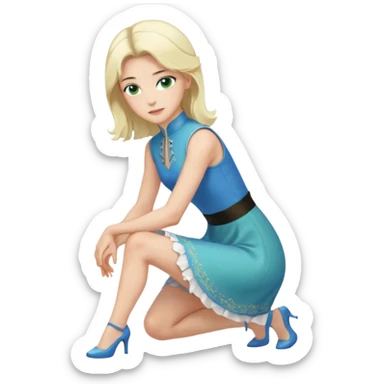 prince, upright, black Hair, blue eyes, garment,  Woman, bending knee, sleveless white dress, blonde hair, green eyes, sticker