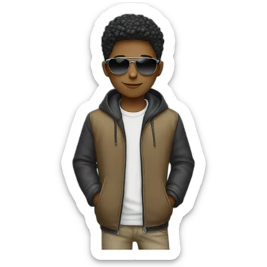 A boy with laptop,wear a jacket and have sunglasses sticker