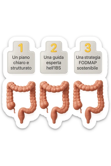 emoji stile iphone di 3 targhette numerate con intestino realistico davanti ad ogni targhetta, le targhette sono:
"1 – Un piano chiaro e strutturato
2 – Una guida esperta nell’IBS
3 – Una strategia FODMAP sostenibile"
, iperrealistico 4k sticker