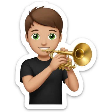 young man with brown hair that goes up, green eyes who plays a trumpet, black t shirt sticker