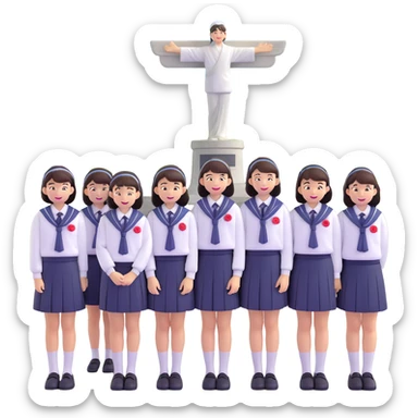 Japanese female high school student in group photo with classmates at Hiroshima Peace Memorial sticker