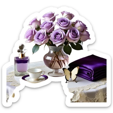 A dreamy, ethereal composition set in soft natural light: a lavish bouquet of light violet Ascott tea roses sits atop a vintage lace-covered table, their petals exuding a subtle fragrance. A deep purple satin throw adds contrast, its texture rich and luxurious. A graceful lavender butterfly hovers delicately above, as if drawn to the scene. An ivory silk ribbon, artfully tied into a loose bow, rests beside a beautifully designed pearl-colored vintage perfume flacon, its glass reflecting the surrounding hues in an elegant glow. sticker