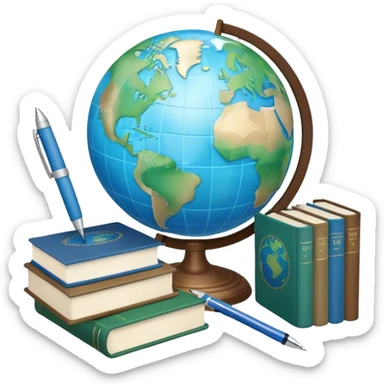 Create an emoji representing language translation. The design should feature just one globe in the background, symbolizing international communication. In front of the globe, place two books or sheets of paper with texs on them and a pen nearby to indicate the act of writing. Use a clean and professional color palette with blues, greens, and neutral tones. Make the background transparent. sticker