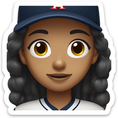 Black long hair girl wearing navy ballcap emblazoned with a red G initial and wearing baseball uniform sticker