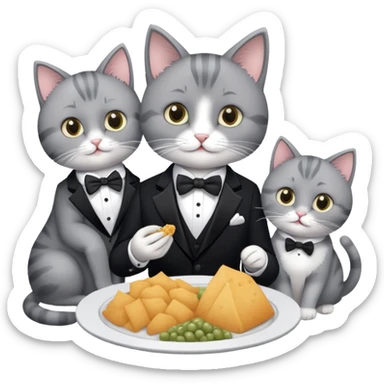 One tuxedo and two gray cats eating food  sticker