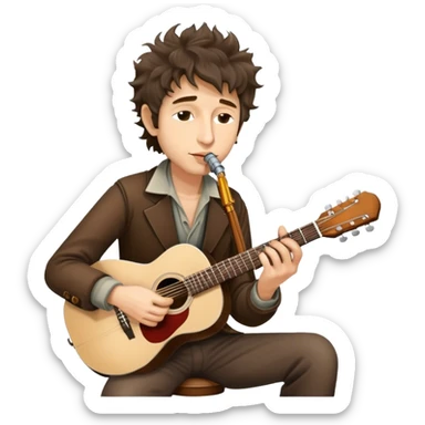 Icon for Folk Music: Bob Dylan with his harmonica and acoustic guitar, performing with his band on stage. The atmosphere should be intimate and nostalgic, capturing the soul of folk music with simple instruments and natural vibes. Transparent background. sticker