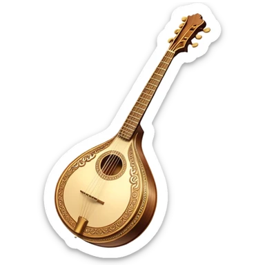 Bouzouki – Cinematic Realistic Bouzouki, depicted as a beautifully crafted Greek string instrument with a long neck and ornate fretwork, its polished wooden body reflecting warm golden light, set on a rustic background with soft shadows that evoke traditional Mediterranean music. sticker