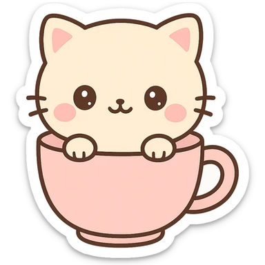 kawaii kitten, peeking out of a teacup, round face, blushing, gentle colors sticker