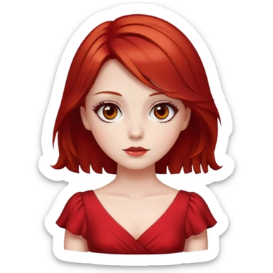 A girl with red Cherry hair, dark hazel eyes, white skin, with a red dress sticker