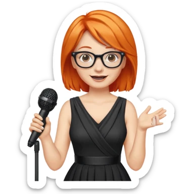 singer, Middle age, orange hair, happy, holding mic, wearing dress, glasses sticker