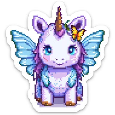 colorful baby unicorn with butterfly wings, pixel art style sticker