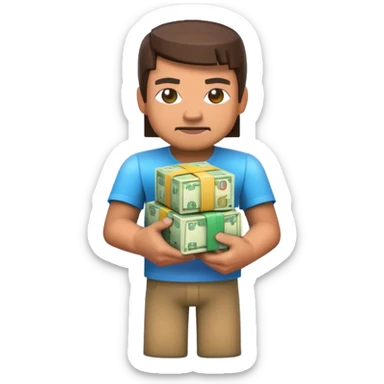 emoji style icon, minecraft blocky character holding a stack of money, pixel art style, bright colors, simple background, 3D glossy emoji, centered composition, soft shadow, high detail, clean outline, white background sticker
