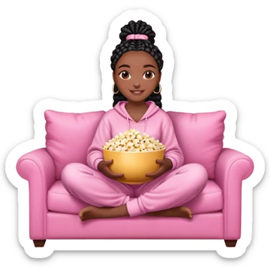 A dark-skinned Black woman with black box braids, holding a large bowl of popcorn in her lap, smiling, wearing comfy loungewear sitting on pink couch. sticker
