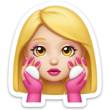 Cute shy emoji with long lashes, big pouty lips, pink nails, black background, same style as original emoji, not human sticker