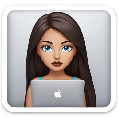 Glamours tanned very beautiful girl with pump lips and dark chocolate straight smooth long hair, blue-grey eyes with MacBook sticker