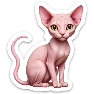 cinematic-[sphynx cat]-realistic-full-body-sitting-emoji,-tail-curled-playfully-around-its-paws,-head-tilted-dramatically,-sleek-[pink]-skin,-simplified-yet-realistic-focused-features,-highly-detailed,-glowing-with-an-almost-sarcastic-glow sticker