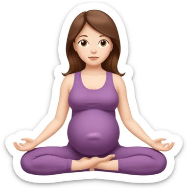 Pregnant woman sitting in a yoga pose with long brown hair and fair skin,." sticker