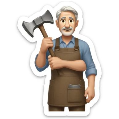 "A older man with rough hands, short light brown hair, and a friendly, naive expression. He wears a work apron over simple clothes and holds a hammer or wood in a rustic workshop." sticker