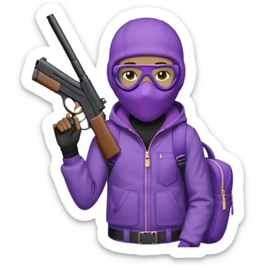 YN wearing a ski mask, holding a gun, purple jeans, Sprayground bookbag, confident stance sticker