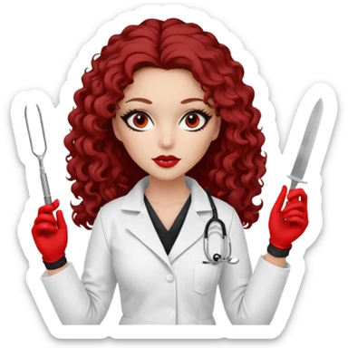 


Scary woman scalpel in hand, evil surgeon sexy surgeon clothes.  She has redcolored  eyes. Her  hair only is free ne brown long curly hair. Wears sexy doctor outfit with red gloves. make her wear full ski mask yo mask and nose mouth mask  to hide. Wears white surgeon coat, wears  stilettos sticker