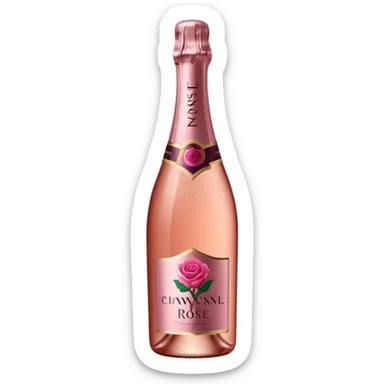 bottle of sparkling rosé champagne with a rose logo on the label, tilted up and to the right, no glass sticker
