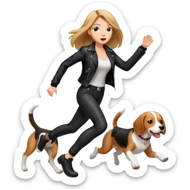 A beautiful tall girl with fair skin and long hair wearing a black leather jacket and black pants running wildly with Beagle sticker