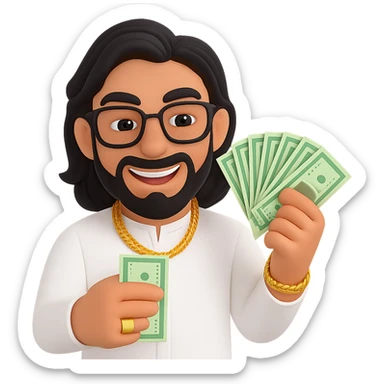 Edit the blond man with mid-length hair, black glasses, gold jewelry in Dubai luxury style. Show a greedy smile with no background. sticker