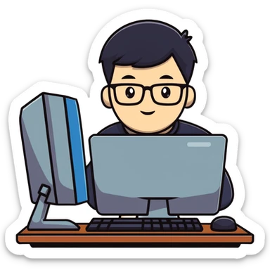 Young man with glasses using an outdated desktop computer with bulky monitor sticker