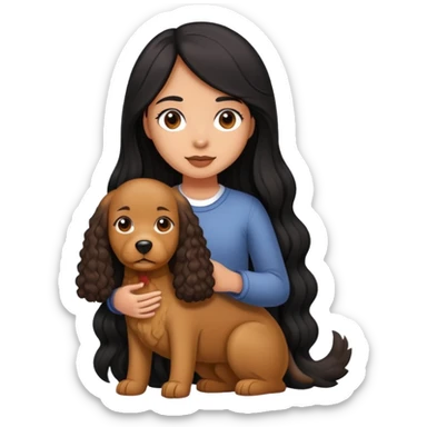 A girl with long straight black hair holding a curly brown giant dog sticker