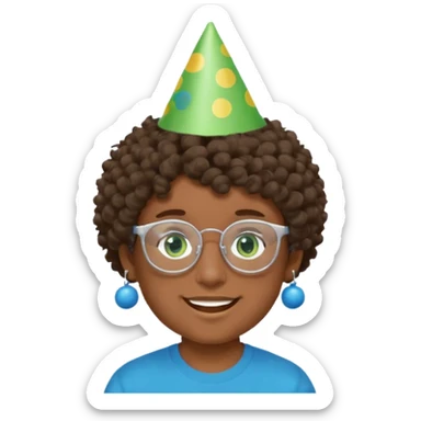 A boy with curly brown hair and green eyes with a happy face, and wear square glasses.He’s also got a full silver birthday party hat on his head with blue pom poms on top of it, and his T-shirt is all black, he wears a little gold circle earrings on his left  sticker