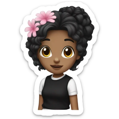 A girl and she is wearing a black sweater with a white tank top and has black hair blue eyes and has a pink flower on her head sticker