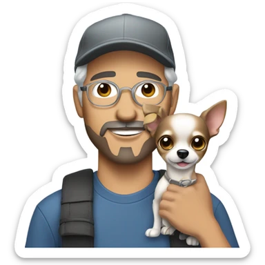 blue eyed man with gray hair and goatee wearing ball cap holding chihuahua with long black hair sticker