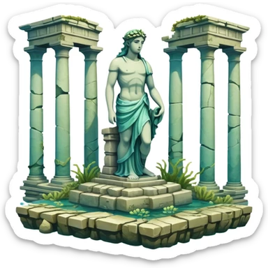 Simple Atlantis underwater ruins with a large sunken statue, fallen columns, broken domes, ancient Greek-style statue partially broken sticker