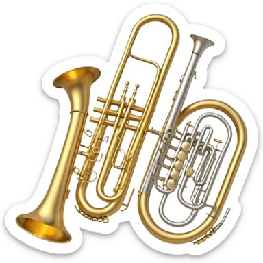 Create a simple and symbolic emoji collage representing wind instruments. Include a variety of iconic elements like the bell of a trumpet, the mouthpiece of a saxophone, and a subtle outline of a trombone. Arrange the elements in a dynamic and balanced way. Use warm metallic tones like gold, brass, and silver for the instruments, with a clean and minimalist design. The background should be transparent, focusing on the shapes and silhouettes of the instruments to convey their essence without excessive detail. sticker