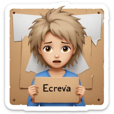 Sad realistic emoji of a young woman with messy hair, holding a cardboard sign that says "ESCREVA-SE", emotional begging expression, cinematic lighting, shallow depth of field, soft blurred background, high detail, viral social media style sticker